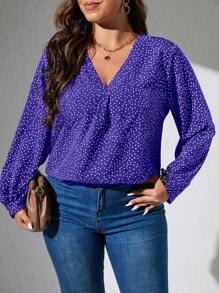 Calvaya Plus Polka Dot Print Lantern Sleeve Blouse - Purple - View 5