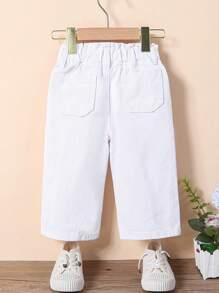 Retro Dễ thương Eo cao Lỏng lẻo phù hợp Em bé Cô gái Denim Quần ống rộng Với Đàn hồi Dây thắt lưng - trắng - Xem 2
