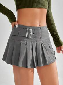 SHEIN EZwear Low Rise Pleated Skirt With Flap Pockets - Grey - View 5