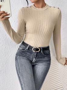 SHEIN Frenchy 女款鏤空長袖連身衣 - 杏色 - 查看 4