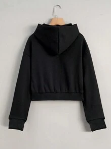 SHEIN EZwear Women's Hooded Sweatshirt With Character & Slogan Prints - Black - View 2