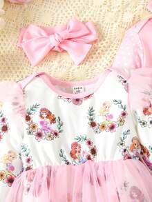 嬰兒女裝秋冬季優雅公主印花短袖連身衣套裝附發帶 - 彩色 - 查看 7