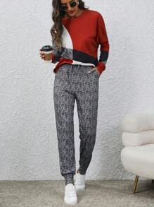 EMERY ROSE Của phụ nữ Màu tương phản Áo thun Và In Quần Bộ - Nhiều màu - Xem 1