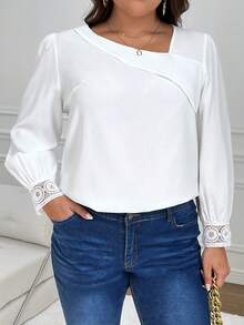 SHEIN Franclia Áo sơ mi tay phồng cổ bất đối xứng cỡ lớn - trắng - Xem 4