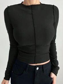 DAZY Women's Long Sleeve T-shirt With Exposed Seam Stitching - Black - View 3