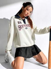 SHEIN Essnce Lá thư In Thả vai Vòng cổ Áo nỉ - Màu be - Xem 4