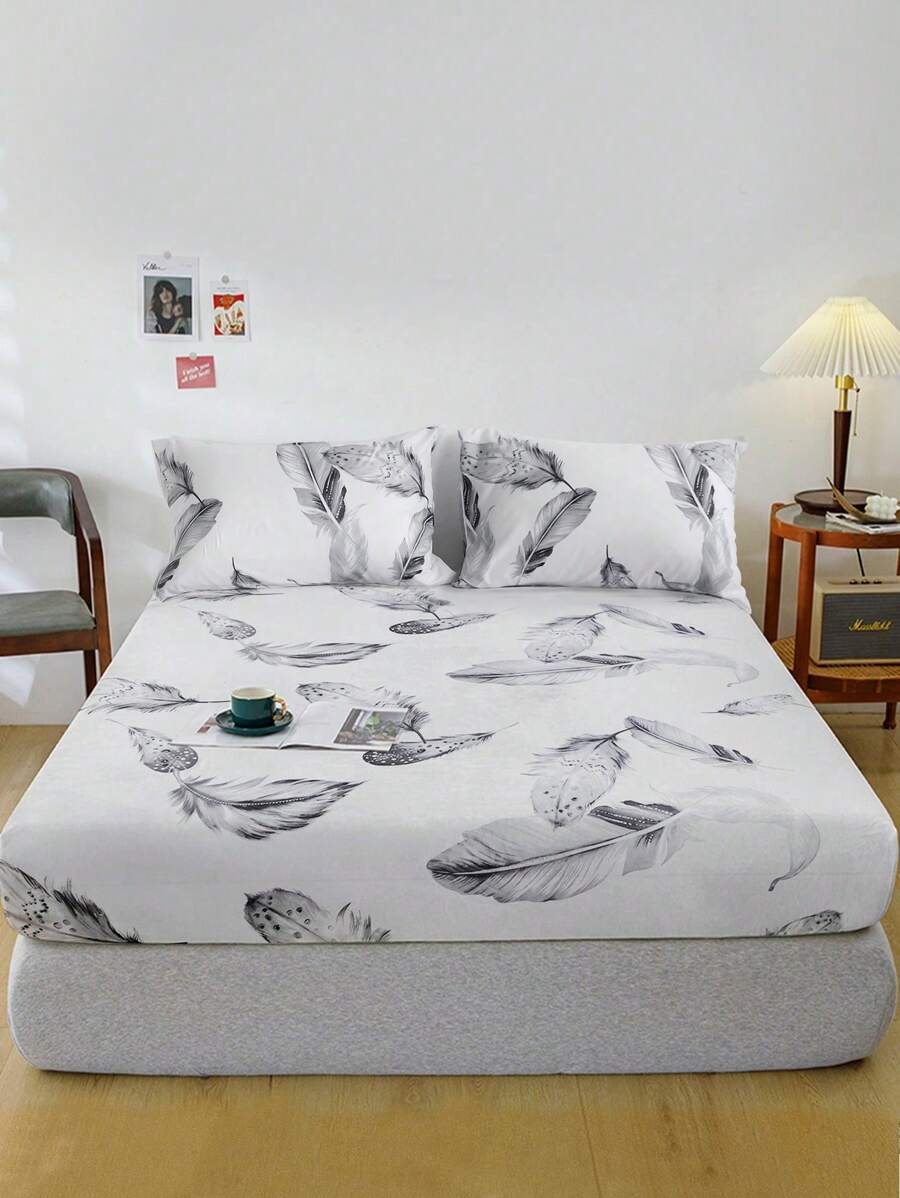 3pcs/set Feather Pattern Duvet Cover Set Without Filler, Modern Polyester Duvet Cover Set (1pc Comforter Cover, 2pcs Pillowcase) For All Season - Black and White - View 1