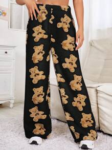 SHEIN Qutie Pantalones Rectos Con Patrón De Osos Cariñosos - Negro - Ver 1