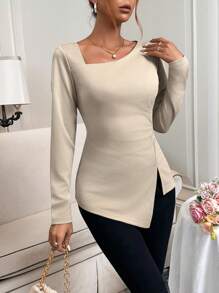 SHEIN Privé Áo thun dài tay xếp li viền bất đối xứng - Lạc đà - Xem 6