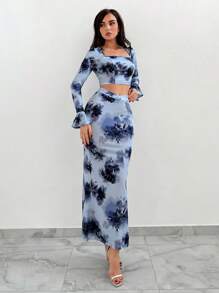 Aloruh 女款花卉印花上衣+魚尾裙兩件套