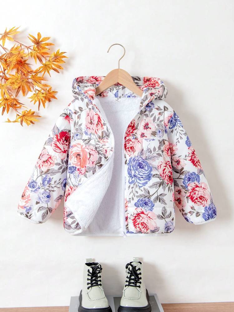 Young Girls Floral Print Thermal Lined Hooded Padded Coat