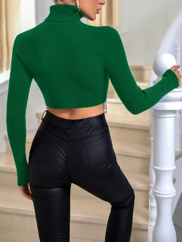 Arc-Shaped Metallic Chain & Tassel Decor Knitted Long Sleeve Top Fall Winter Sweater
