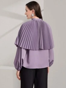 Modelyn 女性純色荷葉邊披肩,燈籠袖襯衫 - 淺灰紫 - 查看 2