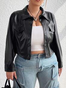 Flirla Women's Plus Size Pu Leather Flap Detail Button Front Jacket - Black - View 3