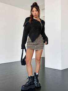 SHEIN Coolane Asymmetrical Zipper Collar Drop Shoulder Sweater - Black - View 5