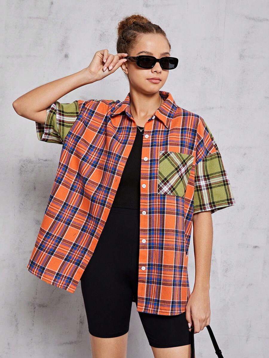 SHEIN 少女款格子拼色短袖襯衫,帶口袋