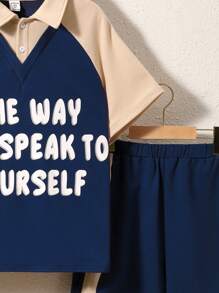SHEIN Tween Boys' Loose-Fit College Letter Print Turn-Down Collar 2 In 1 T-Shirt And Shorts Set