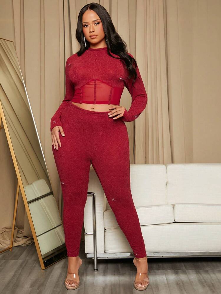 Plus Mesh Insert Crop Top & Leggings