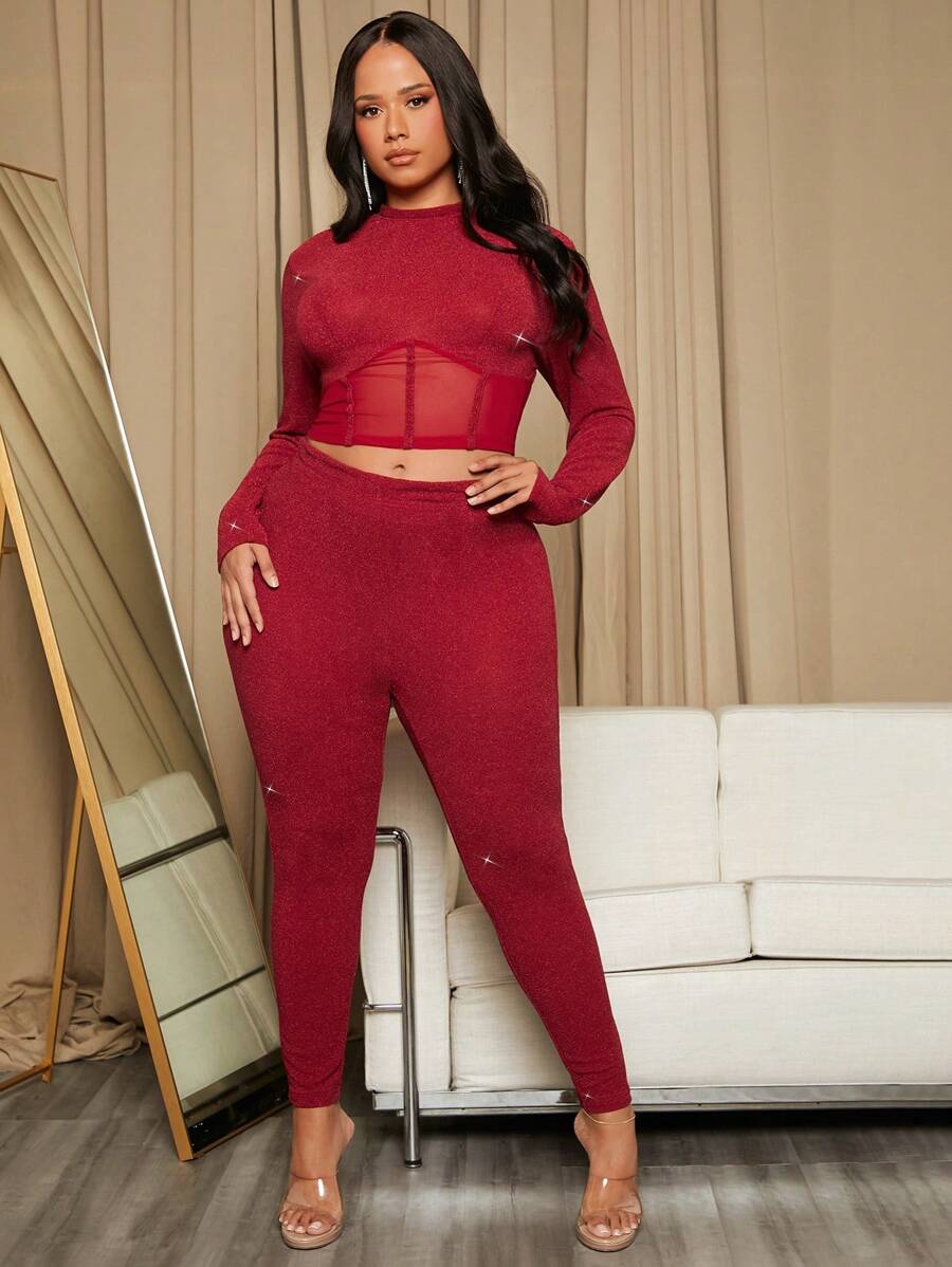 SHEIN SXY Plus Mesh Insert Crop Top & Leggings - Red - View 1