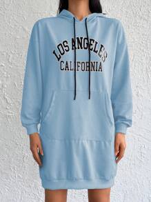 Cottnline Letter Graphic Kangaroo Pocket Drop Shoulder Drawstring Hoodie - Blue - View 4