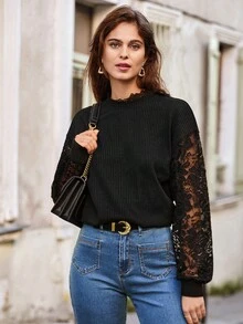 SHEIN Frenchy Của phụ nữ Vá lại Ren Tay áo dài Áo nỉ - màu đen - Xem 5