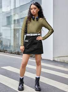 Teen Girls' Knitted Elasticity Pu Leather Shoulder Cutout Long Sleeve Sports T-shirt