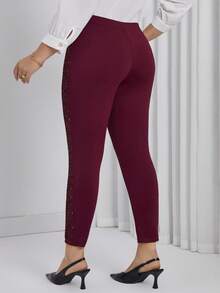 SHEIN Privé Women's Plus Size Patchwork Glitter Leggings - Burgundy - View 2