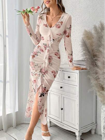 Firerie Women's Floral Print V-Neck Mesh Splice Ruffle Hem Spring Outfit  Bodycon With Sleeves Dress