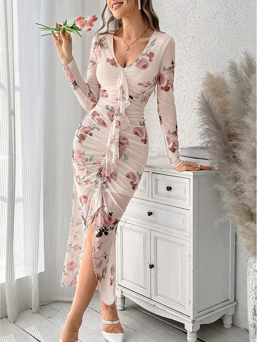 Firerie 女款花卉印花 V 領網布拼接荷葉邊下擺洋裝