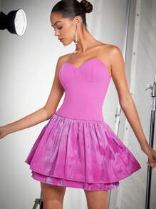 L'Amorae Layered Hem Sweetheart Neck Tube Mini Dress - Black - View 1