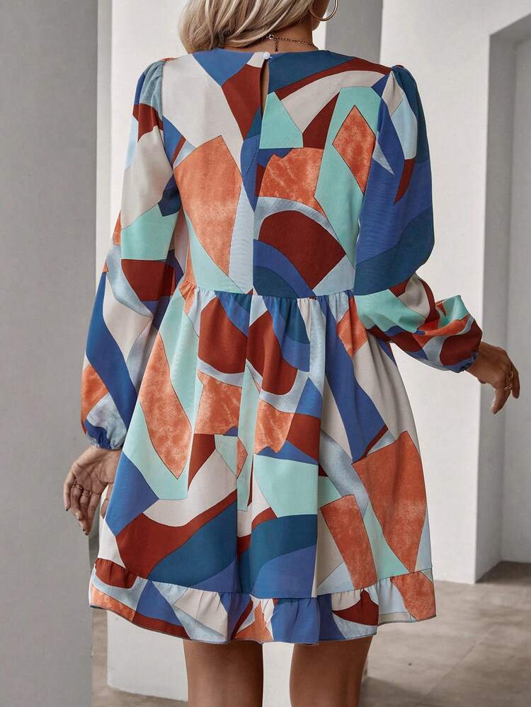 Women's Geometric Pattern Puff Sleeve Dress