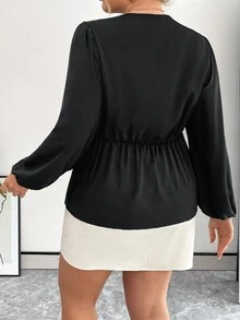 SHEIN Privé 大尺碼女士荷葉邊上衣 - 黑色 - 查看 2