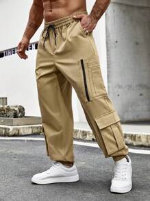 Manfinity Homme Loose-Fit Men's Plus Size Elastic Waist Drawstring Jogger Pants With Pockets - Khaki - View 1