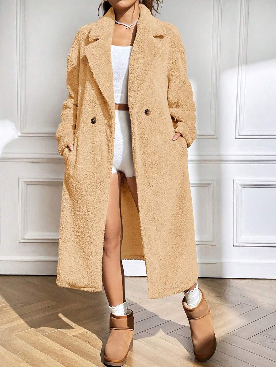 SHEIN EZwear 女士純色絨毛外套 - 杏色 - 查看 1