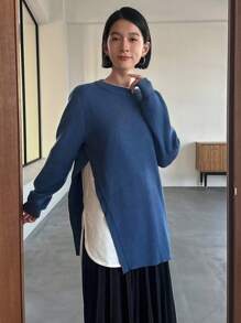 FRIFUL 女式长款开叉针织毛衣秋季 - 藍色 - 查看 7