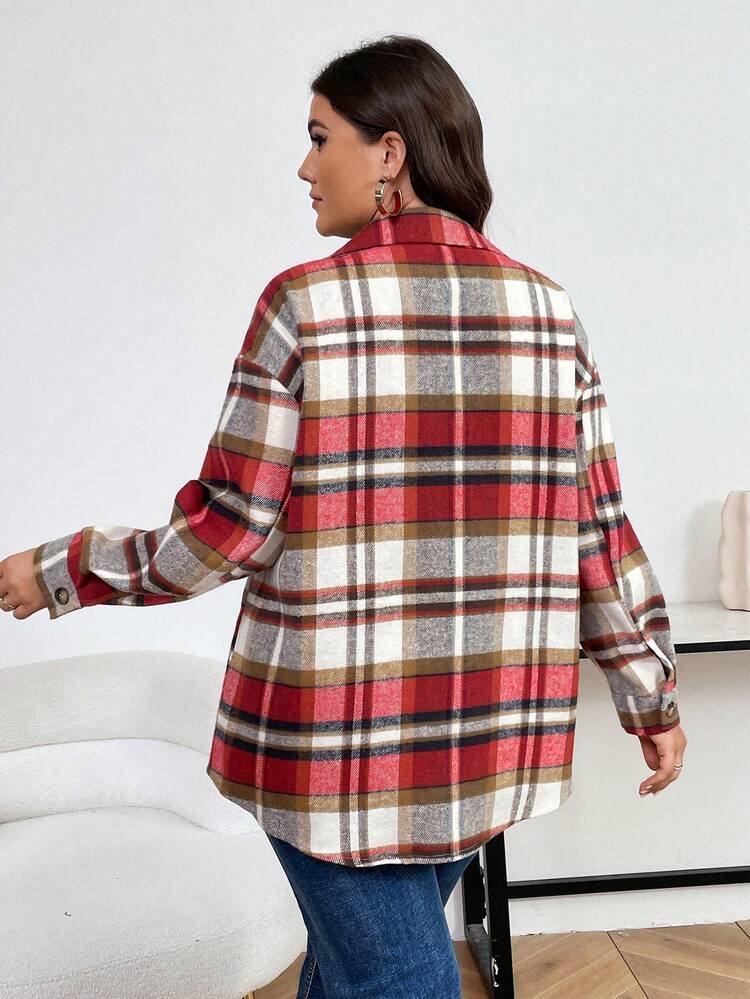 Plus Size Women's Plaid Knitted Coat With Drop Shoulder Design
