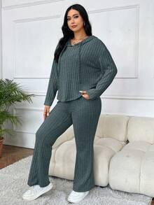 SHEIN EZwear 2 件/套大尺碼羅紋連帽上衣和褲子 - 霧霾藍 - 查看 4