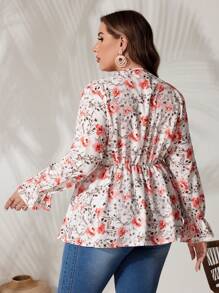 SHEIN VCAY Women's Plus Size Floral Print Tie Neck Ruffle Sleeve Blouse - White - View 2