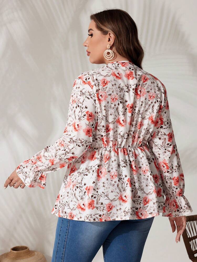 Women's Plus Size Floral Print Tie Neck Ruffle Sleeve Blouse