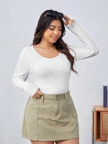 SHEIN EZwear 大尺碼圓領純色修身 T 卹 - 白色 - 查看 3