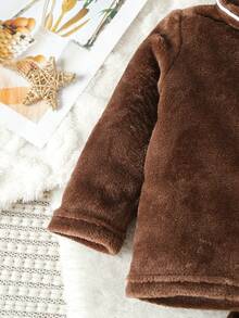 SHEIN Baby Boy Letter Embroidery Contrast Piping Flannel PJ Set - Coffee Brown - View 3