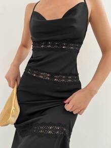 SHEIN Privé 女士花邊拼接吊帶連衣裙 - 黑色 - 查看 5