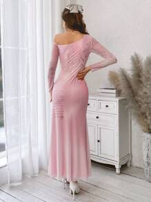 SHEIN Privé 女款不對稱領口玫瑰印花洋裝 - 粉色 - 查看 3