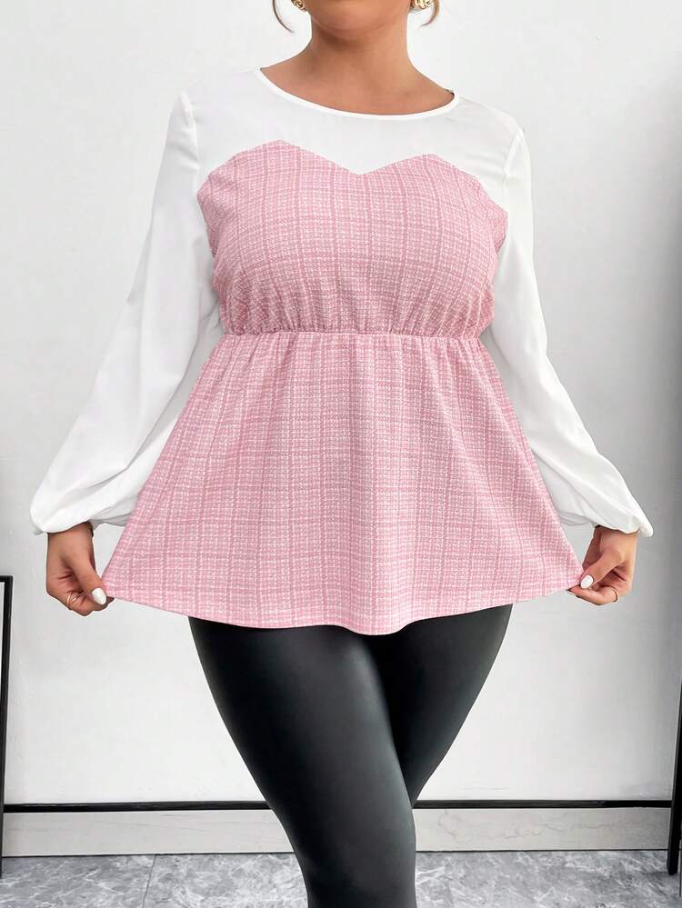 Plus Size Color Block Plaid Patchwork Lantern Sleeve Shirt