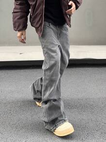 Manfinity Roghcode 男士水洗复古直筒牛仔裤，纯色修身长喇叭牛仔裤浅灰色洗水工装牛仔裤，适合老公、男朋友的礼物