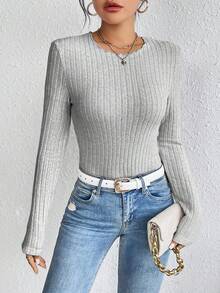 SHEIN Frenchy Women's Solid Color Ribbed T-shirt - Grey - View 6