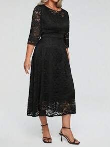 SHEIN Clasi Maxikleid in A-Linie für Damen mit Spitze in Unifarbe, Große Größen