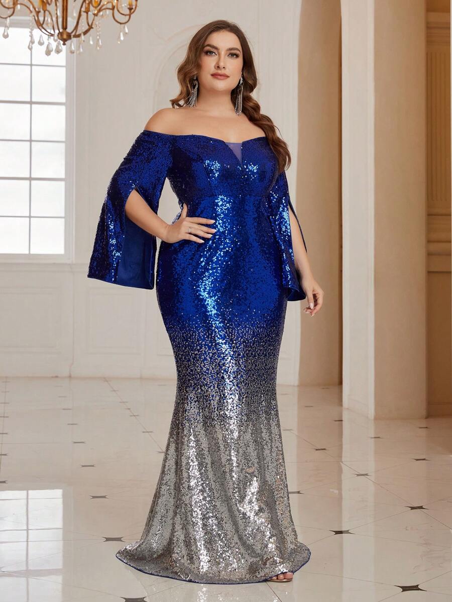 SHEIN Belle Plus Size Women's Evening Party Dress With Gradient Sequins, Split Sleeves And Off Shoulder Design - Blue - View 1