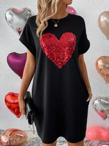 EMERY ROSE Valentine's Day Round Neck Glitter Heart Printed Batwing Sleeve Dress - Black - View 4