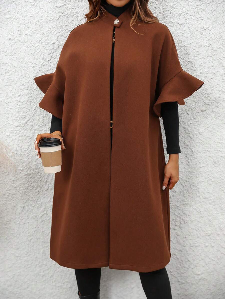 SHEIN Privé Abrigo De Lana Para Mujer De Longitud Media Con Mangas Acampanadas - Café integral - Ver 1